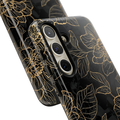 Floral Gold Outline Tough Phone Case – Black Botanical Protective Cover