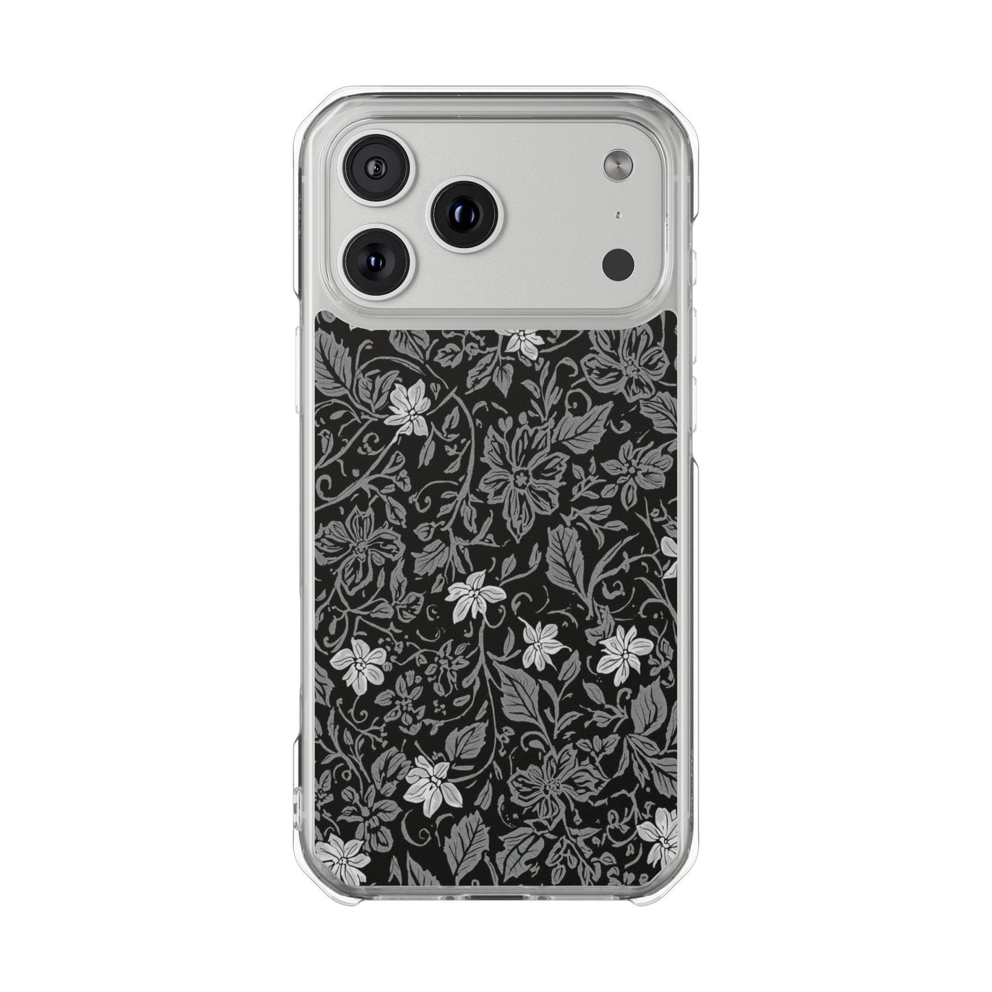 Clear Magnetic Phone Case — Black Floral Vine Design