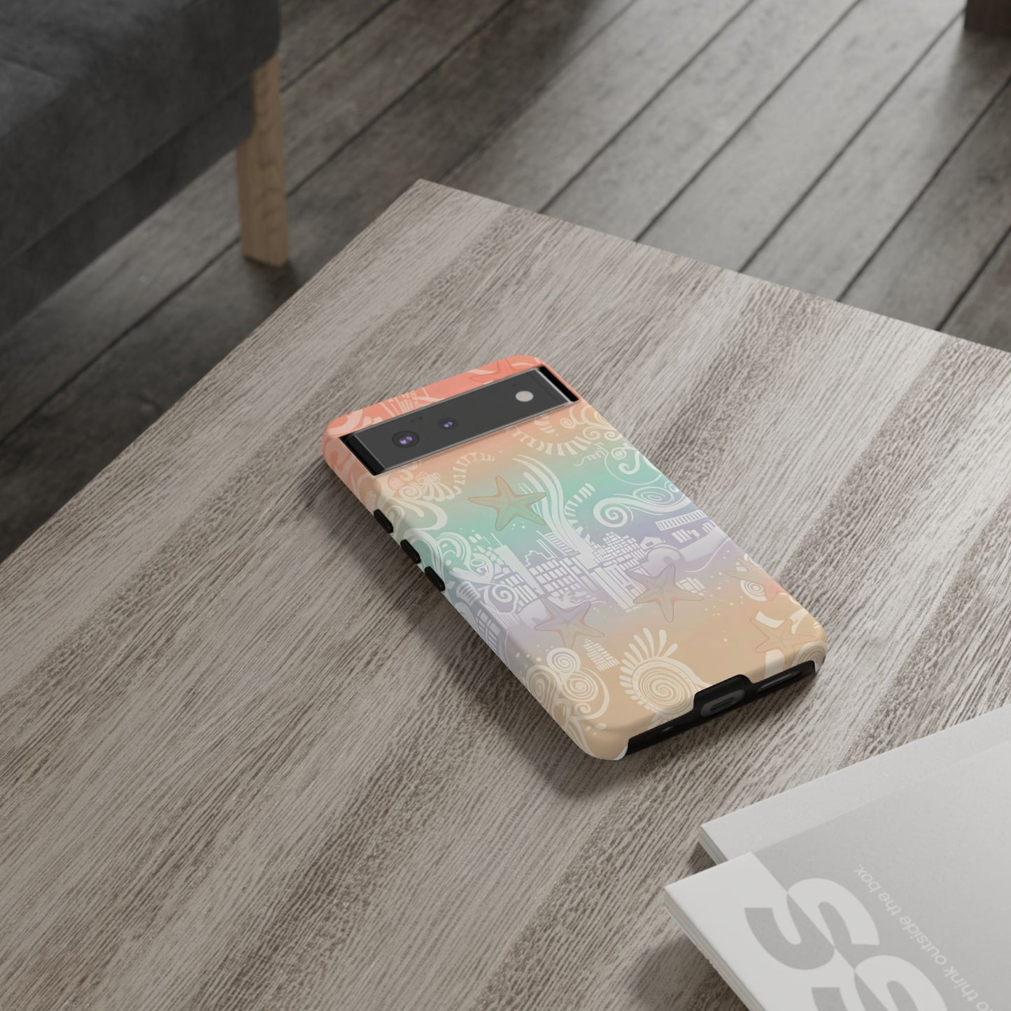 Tough Cases: Pastel Beach Pattern Phone Case — Starfish & Coastal Cityscape Protective Cover