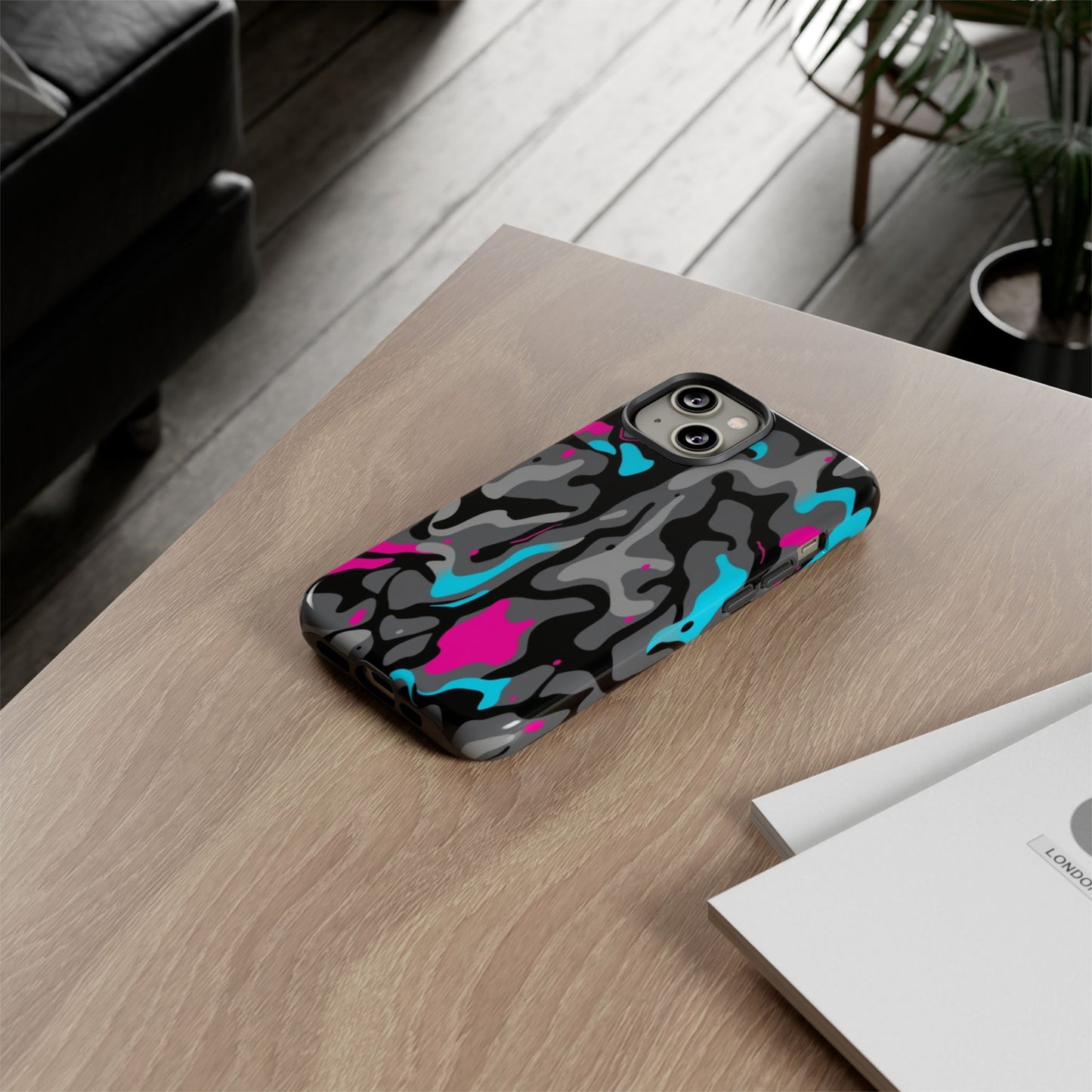 Camouflage Phone Case — Gray Camo with Neon Pink & Cyan Accent Tough Protective Cover