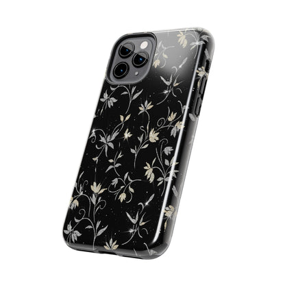 Floral Noir Tough Phone Case — Vintage Black Botanical Protective Cover