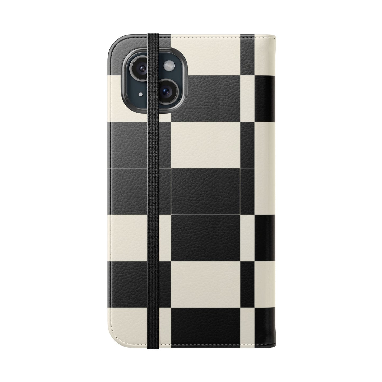 Checkered Flip Phone Case – Black & Cream Retro Grid Wallet Case