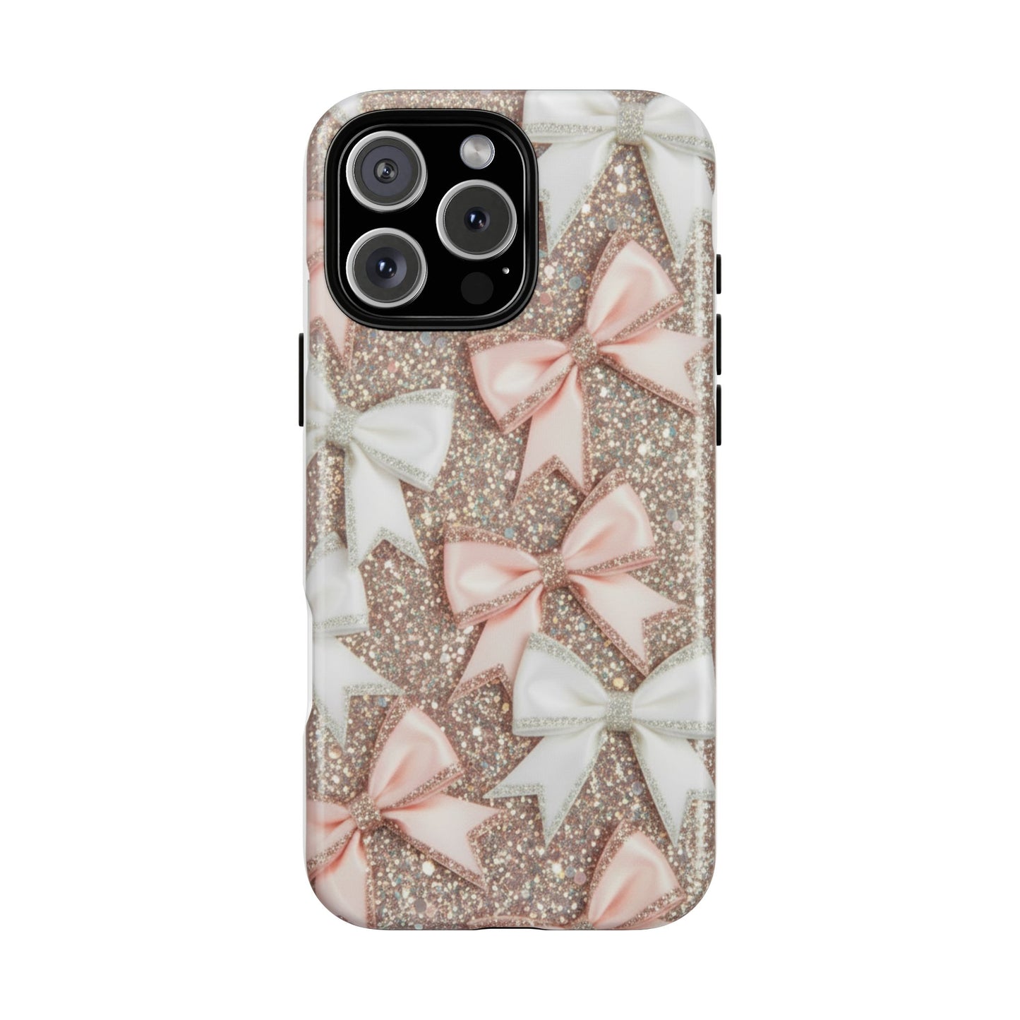 Glitter Bow Tough Phone Case — Pink & White Ribbon Protective Cover