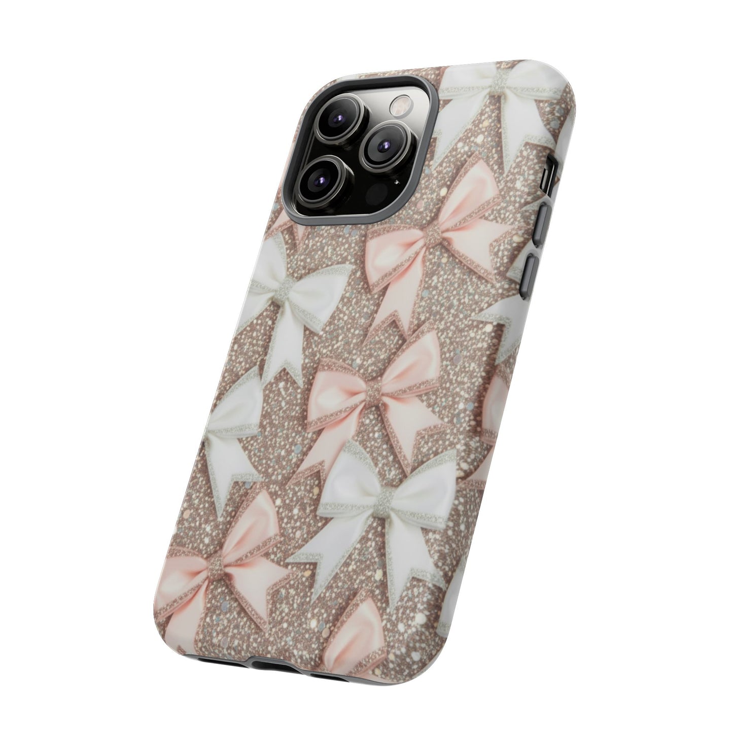 Glitter Bow Tough Phone Case — Pink & White Ribbon Protective Cover
