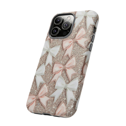 Glitter Bow Tough Phone Case — Pink & White Ribbon Protective Cover