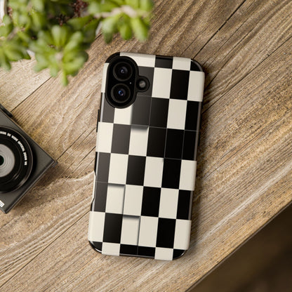 Checkerboard Tough Phone Case — Classic Black & Cream Grid Protective Cover