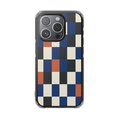 Clear Magnetic Phone Case — Retro Checkerboard Pattern (Blue, Black & Rust)