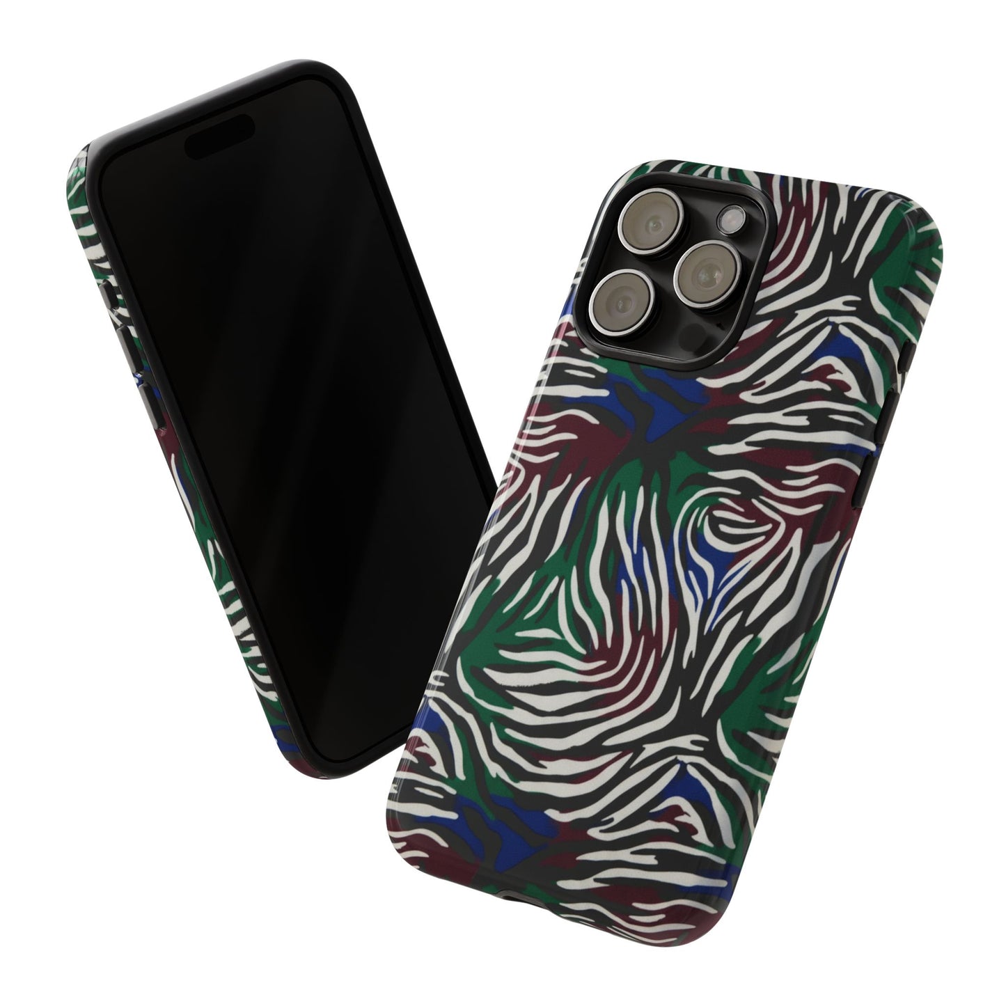 Zebra Camo Tough Phone Case – Green & Blue Animal Print Protective Cover