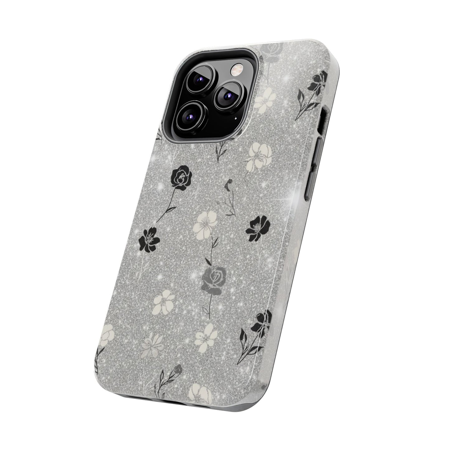 Floral Glitter Tough Phone Case — Black & Silver Vintage Flower Protective Cover
