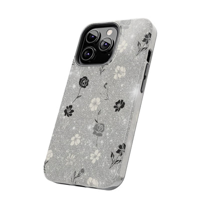 Floral Glitter Tough Phone Case — Black & Silver Vintage Flower Protective Cover