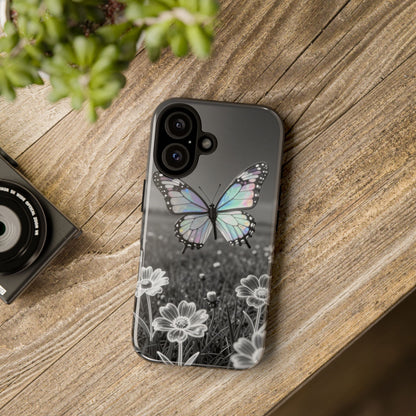 Butterfly Field Tough Phone Case — Pastel Holographic Butterfly on Black & White Floral Background