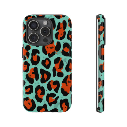 Leopard Print Tough Phone Case — Teal & Rust Protective iPhone Cover