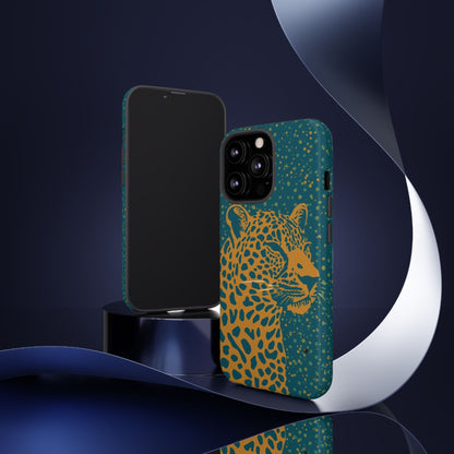 Leopard Print Tough Phone Case — Gold Panther on Teal, Protective iPhone Cover