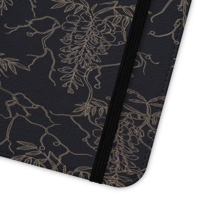 Botanical Noir Flip Phone Case — Dark Floral Wallet Cover with Card Slots