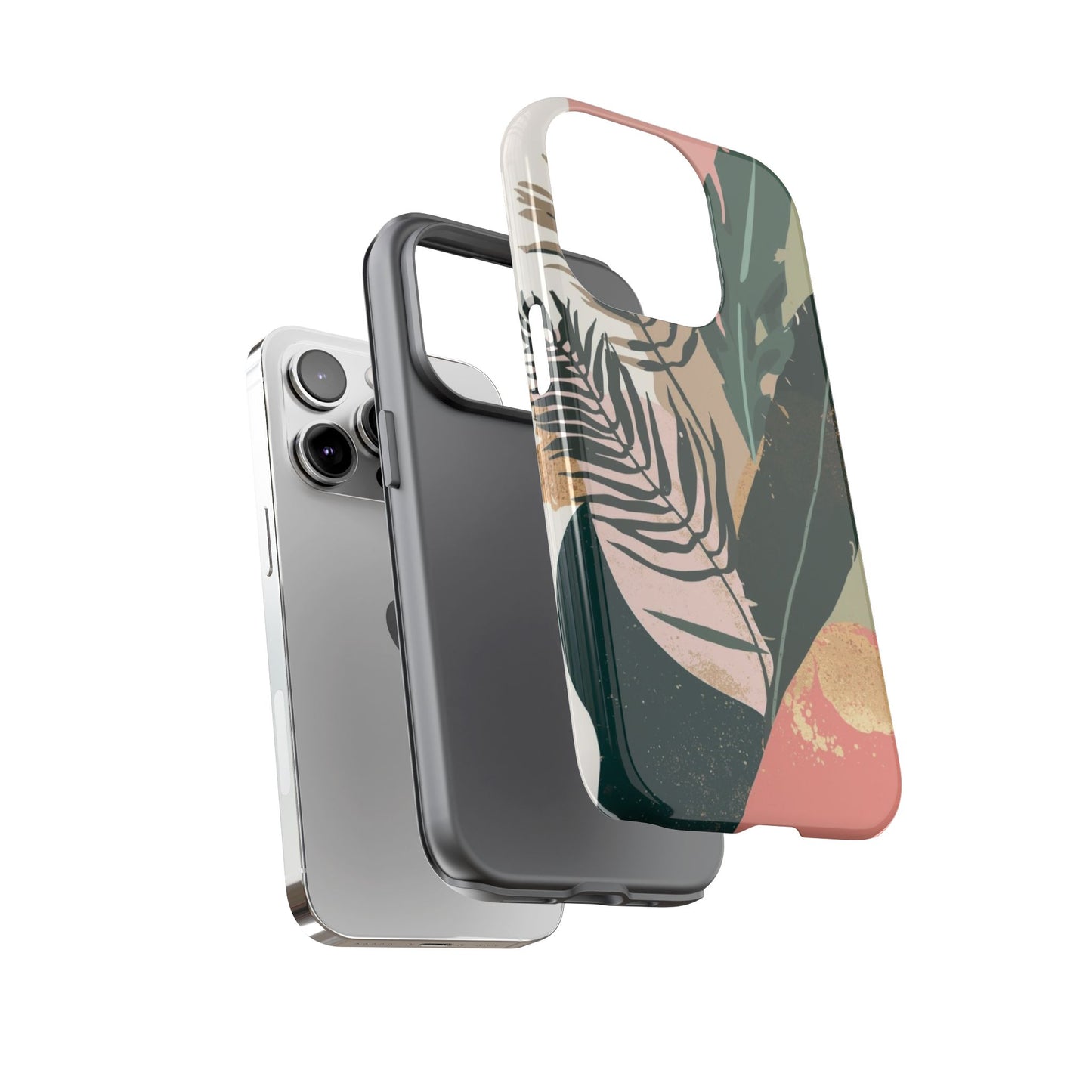 Tropical Leaf Tough Phone Case — Abstract Pink & Green Botanical Protective Cover