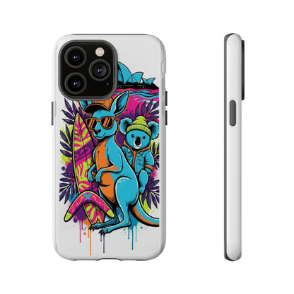 Kangaroo & Koala Surf Phone Case — Retro Neon Beach Art Tough Case