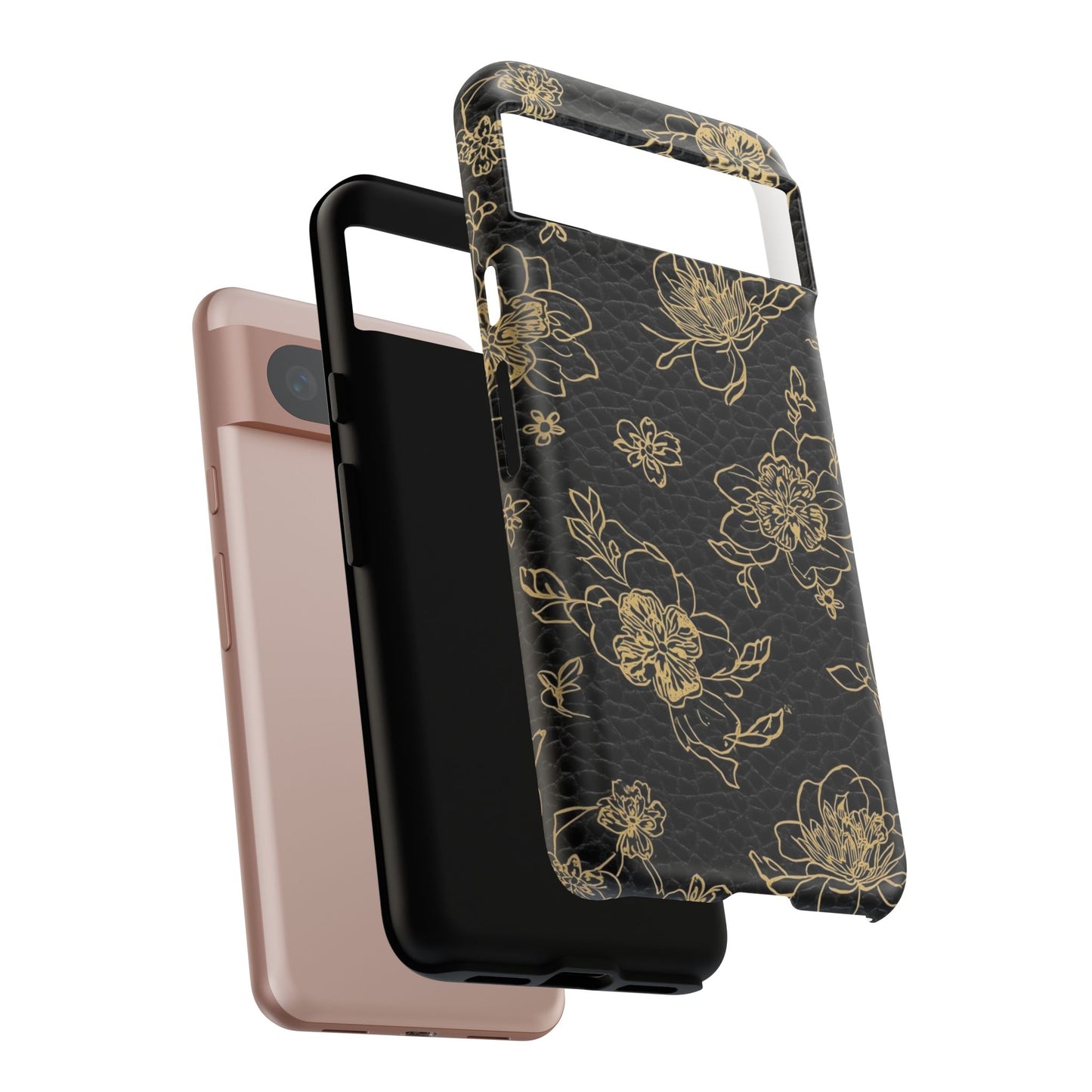 Floral Leather Phone Case — Gold Outline Flowers on Black Tough Case