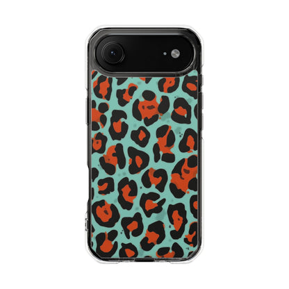 Clear Magnetic Phone Case — Teal & Rust Leopard Print