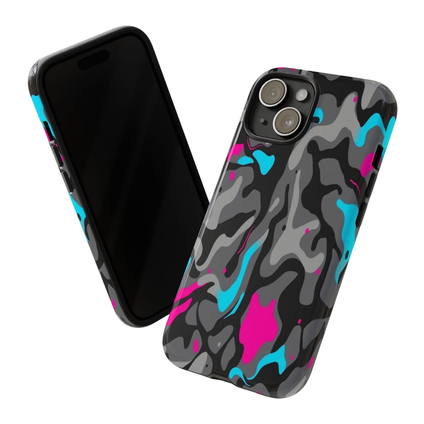 Camouflage Phone Case — Gray Camo with Neon Pink & Cyan Accent Tough Protective Cover