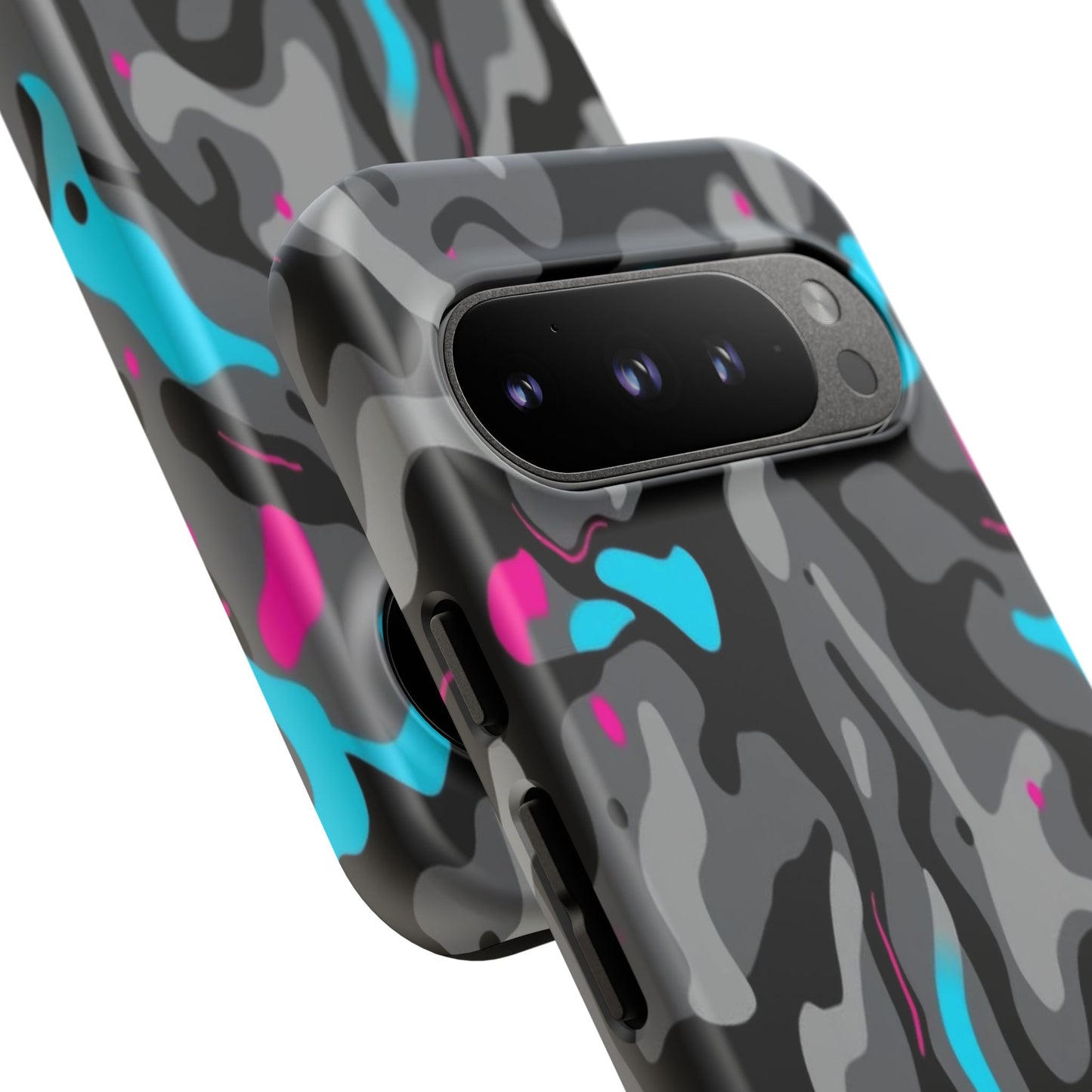 Camouflage Phone Case — Gray Camo with Neon Pink & Cyan Accent Tough Protective Cover