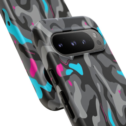 Camouflage Phone Case — Gray Camo with Neon Pink & Cyan Accent Tough Protective Cover