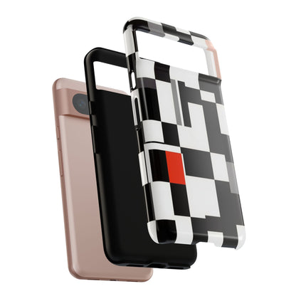 Abstract Geometric Phone Case – Black & White Checker Grid with Red Accent