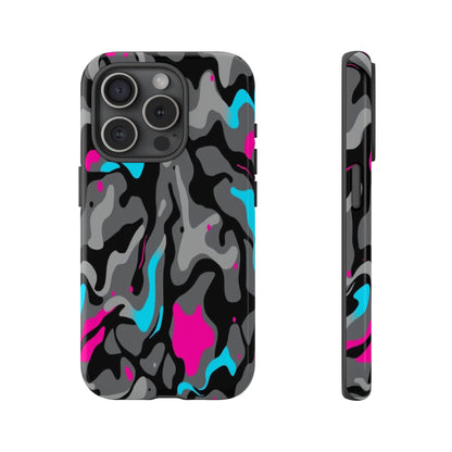Camouflage Phone Case — Gray Camo with Neon Pink & Cyan Accent Tough Protective Cover