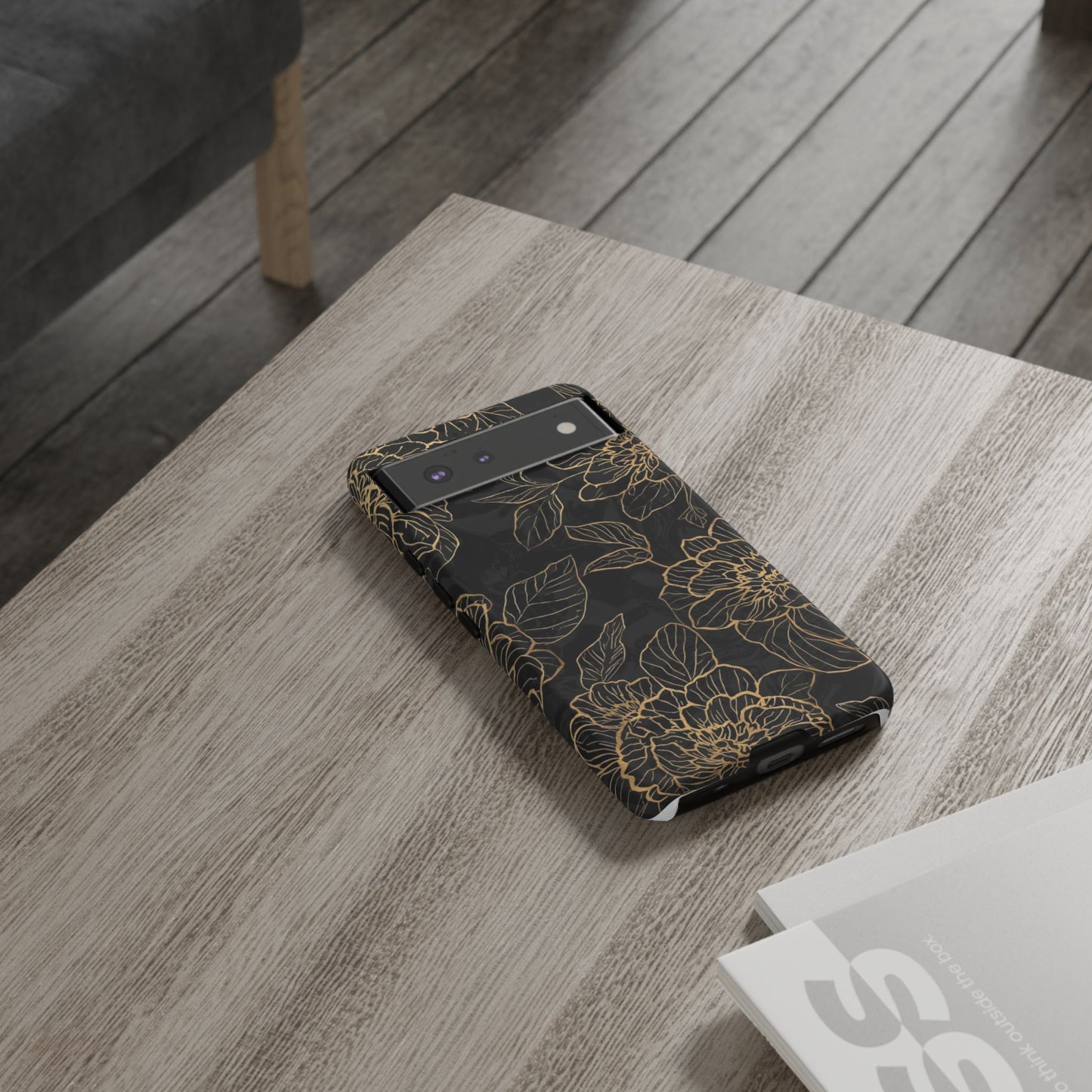 Floral Gold Outline Tough Phone Case – Black Botanical Protective Cover
