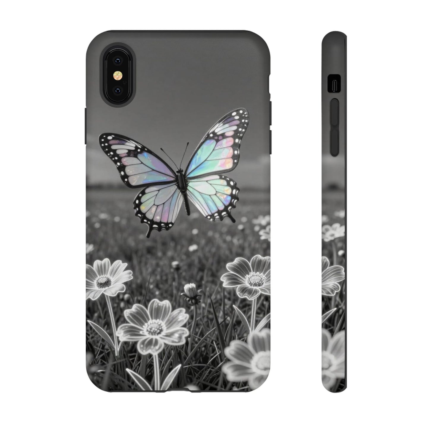 Butterfly Field Tough Phone Case — Pastel Holographic Butterfly on Black & White Floral Background