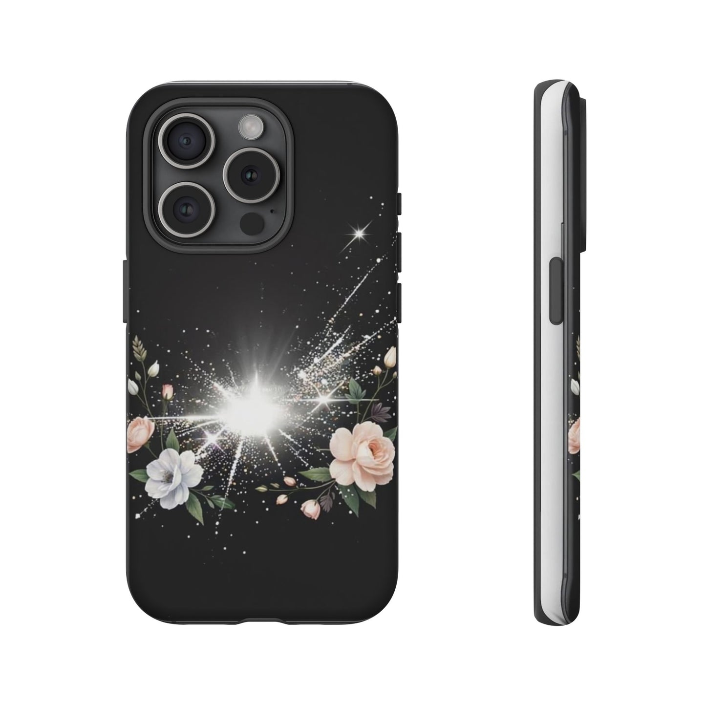 Floral Burst Phone Case — Protective Black Sparkle Design
