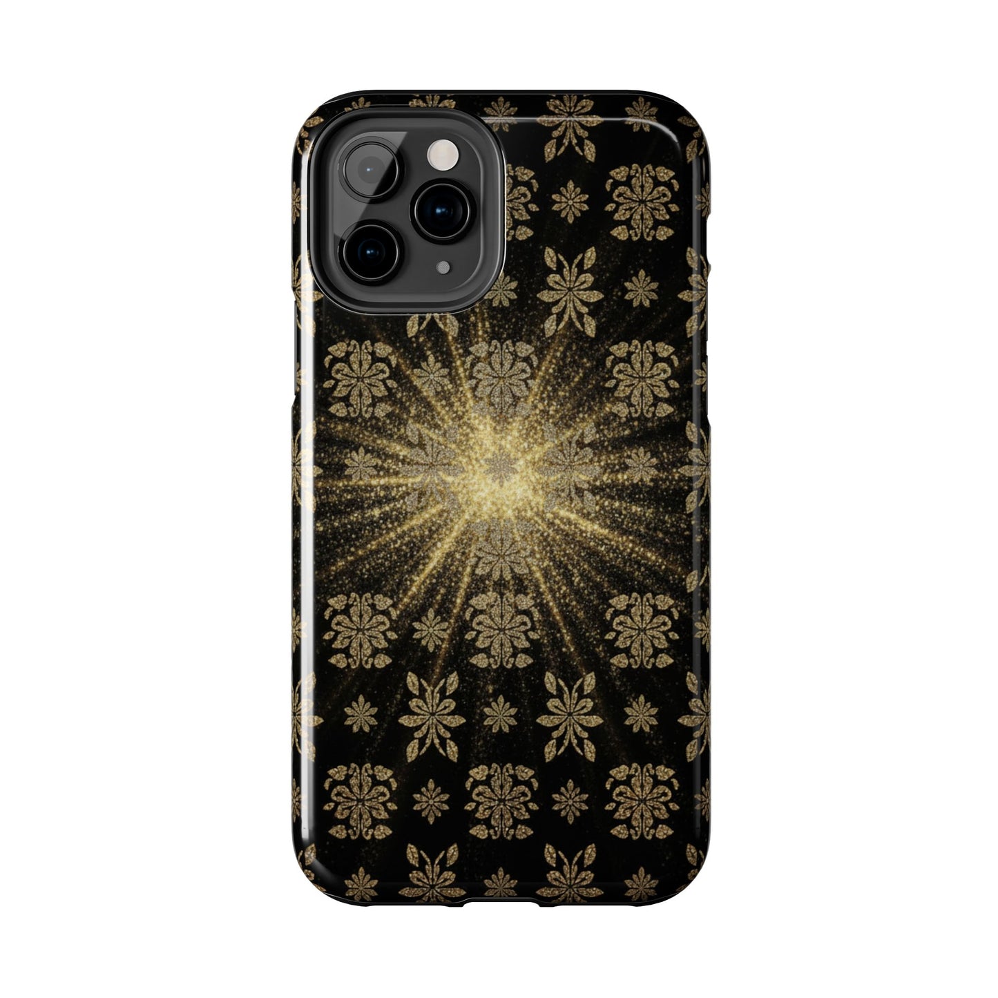 Glitter Burst Tough Phone Case — Black & Gold Floral Protective Cover