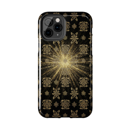 Glitter Burst Tough Phone Case — Black & Gold Floral Protective Cover