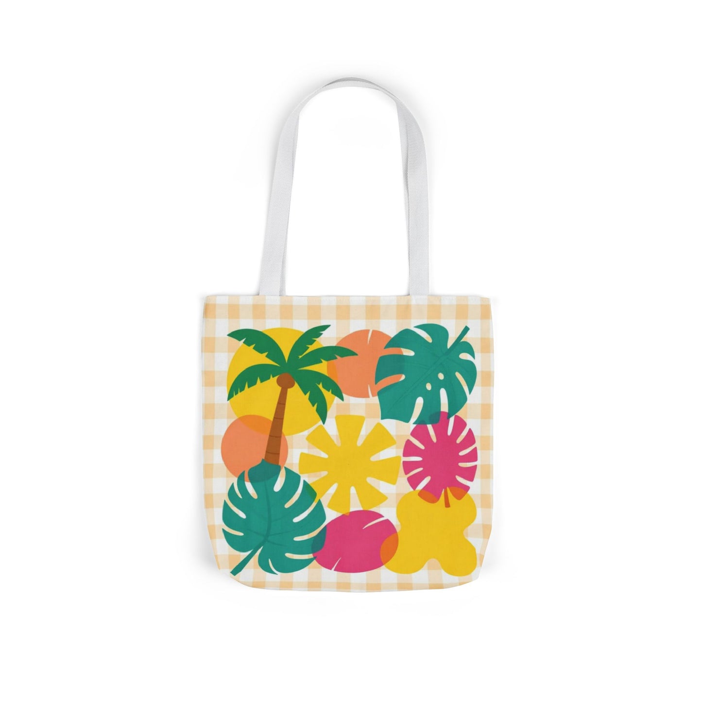 Tropical Gingham Canvas Tote — Colorful Palm & Monstera Beach Bag