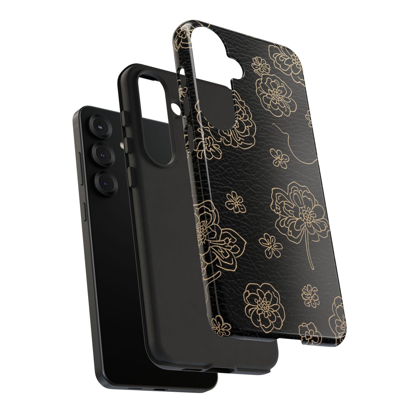 Floral Leather-Texture Tough Case – Black Gold Outline Phone Cover