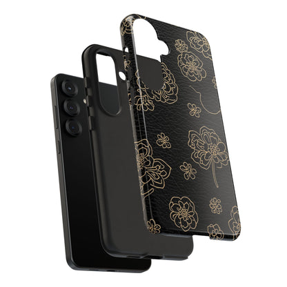 Floral Leather-Texture Tough Case – Black Gold Outline Phone Cover