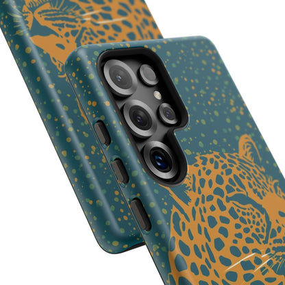 Leopard Print Tough Phone Case — Gold Panther on Teal, Protective iPhone Cover