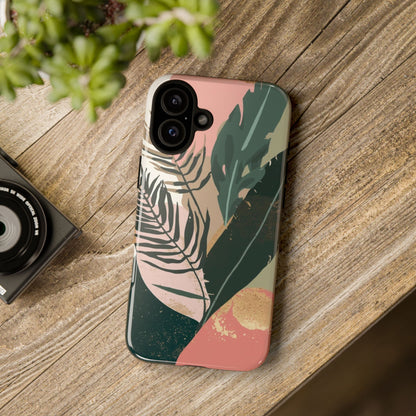 Tropical Leaf Tough Phone Case — Abstract Pink & Green Botanical Protective Cover