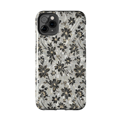 Floral Vintage Tough Phone Case — Black & Gray Rustic Flower Protective Case