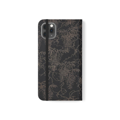 Botanical Noir Flip Phone Case — Dark Floral Wallet Cover with Card Slots