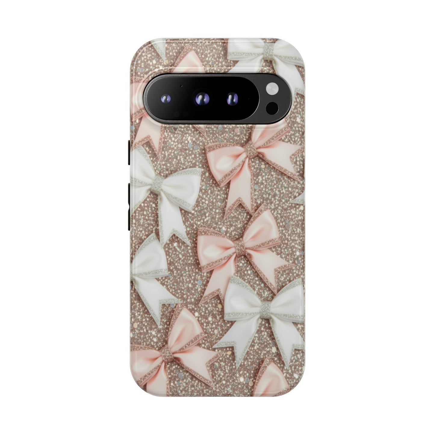Glitter Bow Tough Phone Case — Pink & White Ribbon Protective Cover
