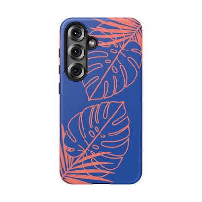 Tropical Monstera Phone Case — Blue & Coral Leaf Protective Cover