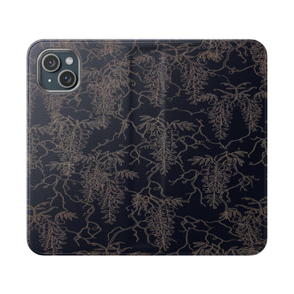 Botanical Noir Flip Phone Case — Dark Floral Wallet Cover with Card Slots