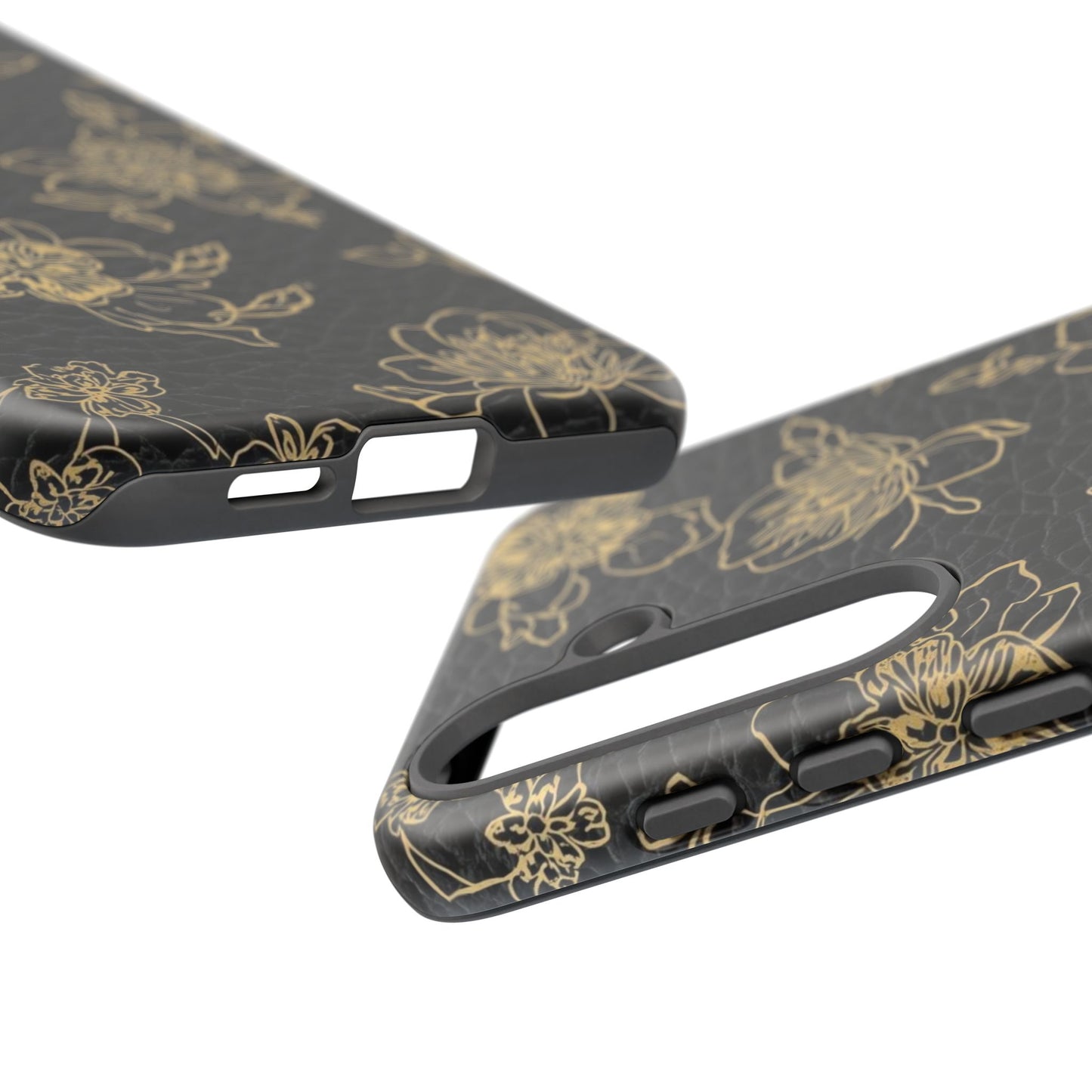 Floral Leather Phone Case — Gold Outline Flowers on Black Tough Case