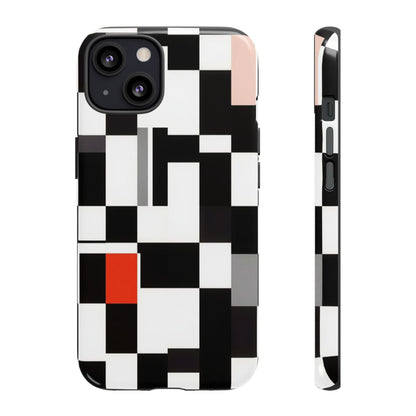 Abstract Geometric Phone Case – Black & White Checker Grid with Red Accent