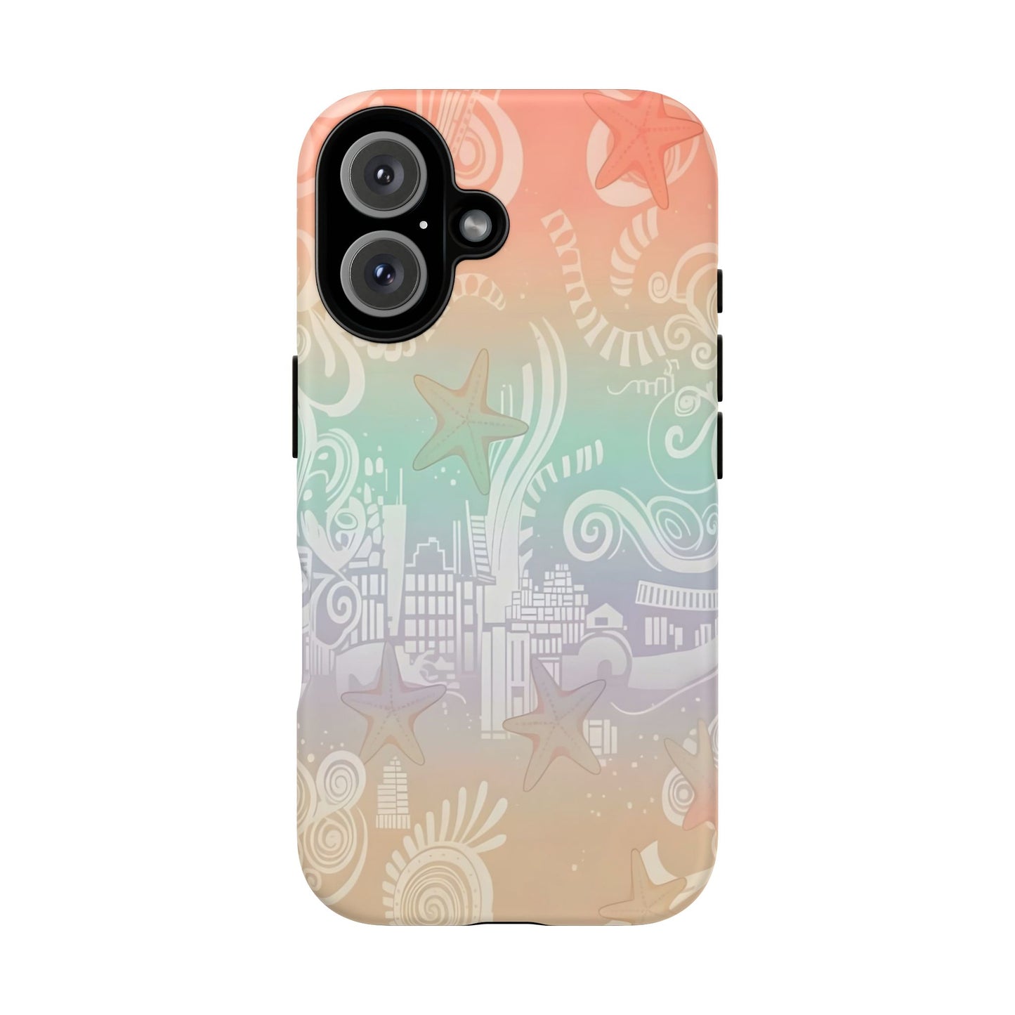 Tough Cases: Pastel Beach Pattern Phone Case — Starfish & Coastal Cityscape Protective Cover