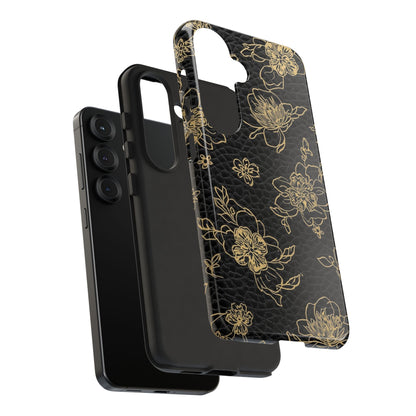 Floral Leather Phone Case — Gold Outline Flowers on Black Tough Case