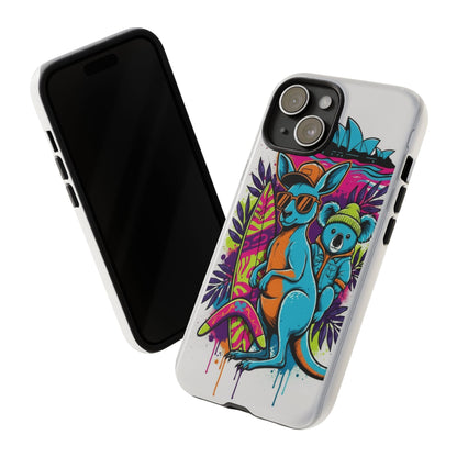 Kangaroo & Koala Surf Phone Case — Retro Neon Beach Art Tough Case