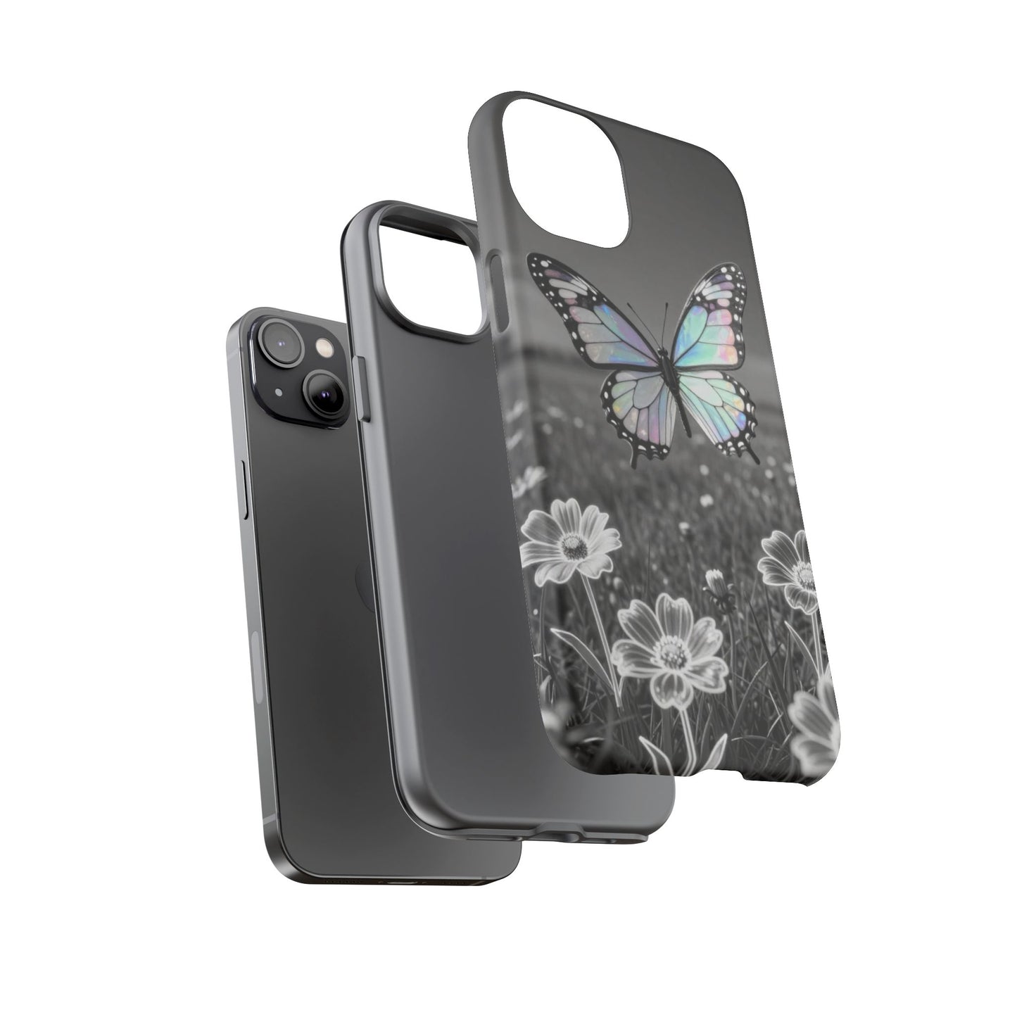 Butterfly Field Tough Phone Case — Pastel Holographic Butterfly on Black & White Floral Background