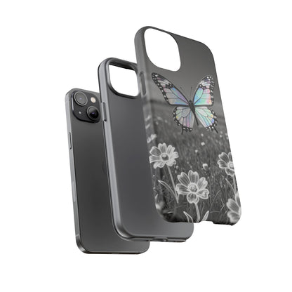 Butterfly Field Tough Phone Case — Pastel Holographic Butterfly on Black & White Floral Background