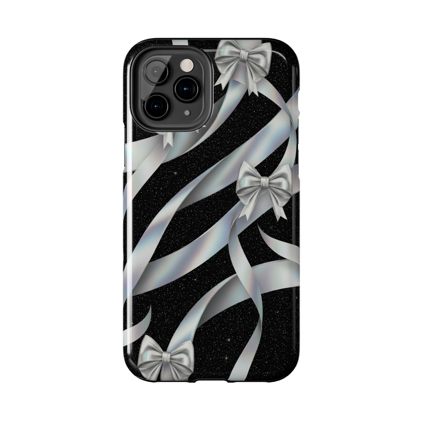 Silver Ribbon Bow Tough Phone Case — Glitter Black Protective Phone Case